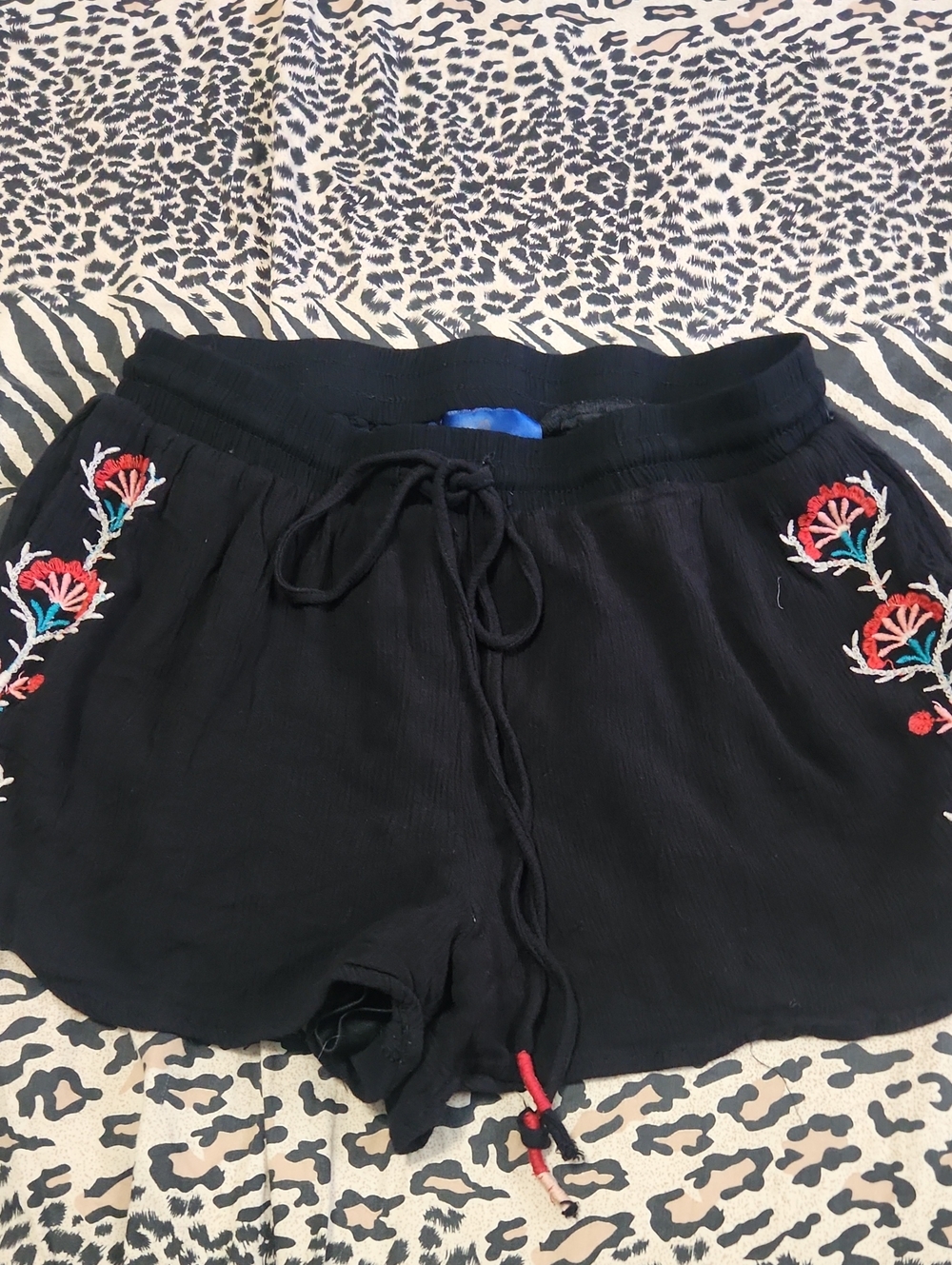 Blue Rain Bohamian Black Shorts with Red & Teal Floral Embroidery